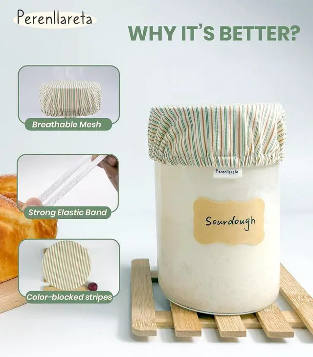 Alt view image 3 of 7 - Cloth Jar Covers for Sourdough 4Pack, 4 inch Wide Mouth Kombucha Fabric Lid for Weck Mason Jars, Green Striped