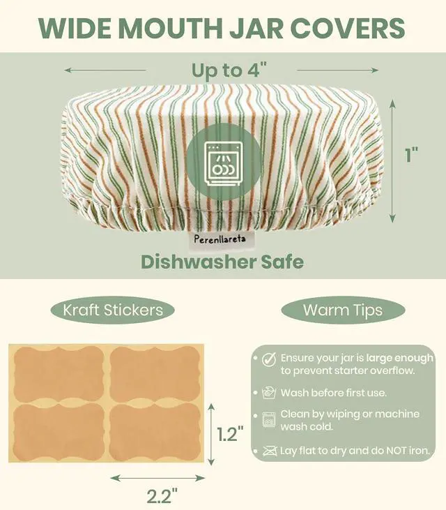 Alt view image 5 of 7 - Cloth Jar Covers for Sourdough 4Pack, 4 inch Wide Mouth Kombucha Fabric Lid for Weck Mason Jars, Green Striped