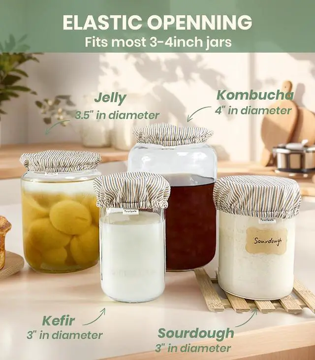 Alt view image 2 of 7 - Cloth Kefir Lid Cover for Wide Mouth Mason Ball Jar | Breathable Cotton Replacement Top for Kombucha Brewing Gallon Glass Weck Canning Quart Jar | Sourdough Starter Making Fermentation Fabric Cap
