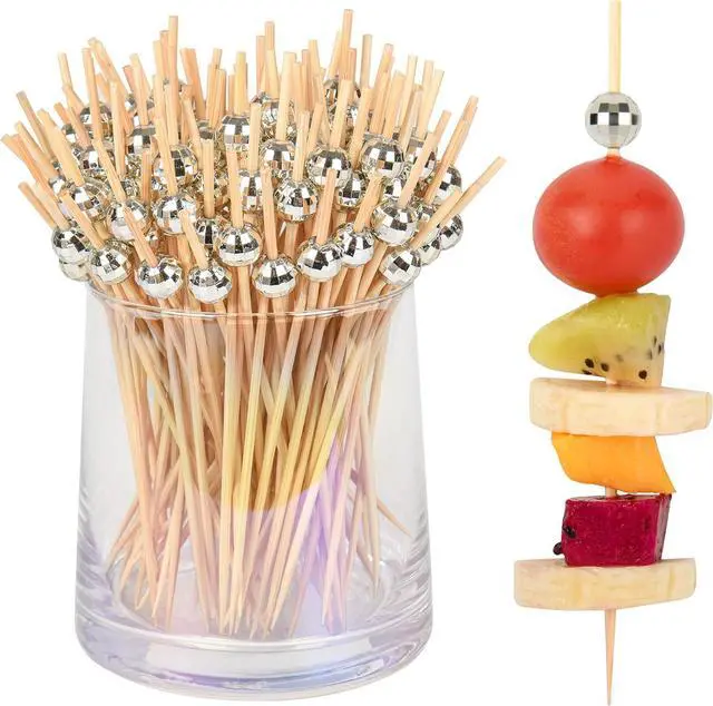 Main image of 300 PCS Cocktail Picks Disco Ball Decor, Fancy Toothpicks for Appetizers, Bamboo Skewers for Appetizers,Drinks, Fruits, Disco Party Decorations. 4.7 Inch Long Silver Wooden Cocktail Sticks