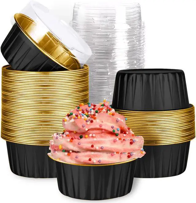 Main image of Mini Aluminum Foil Cupcake Baking Cups with Lids (40pcs, 5oz) Round Cupcake Foil Liners Tart Pie Tin Pan Holder - Disposable Mini Cake Containers Flan Molds for Pudding, Souffle, Party, Wedding