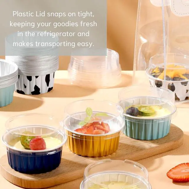 Alt view image 4 of 7 - Mini Aluminum Foil Cupcake Baking Cups with Lids (40pcs, 5oz) Round Cupcake Foil Liners Tart Pie Tin Pan Holder - Disposable Mini Cake Containers Flan Molds for Pudding, Souffle, Party, Wedding