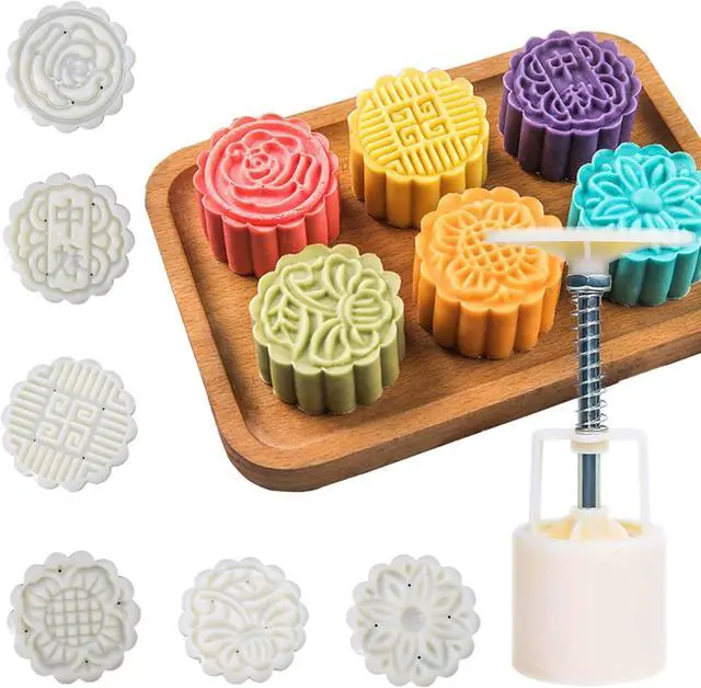 Main image of Moon Cake Mold 6 PCS, Mid Autumn Festival DIY Hand Press Cookie Stamps Pastry Tool Moon Cake Maker, Flower Mode Patterns 1 Mold 6 Stamps 50g (White).