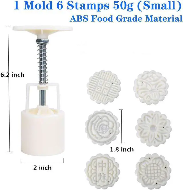 Alt view image 2 of 7 - Moon Cake Mold 6 PCS, Mid Autumn Festival DIY Hand Press Cookie Stamps Pastry Tool Moon Cake Maker, Flower Mode Patterns 1 Mold 6 Stamps 50g (White).