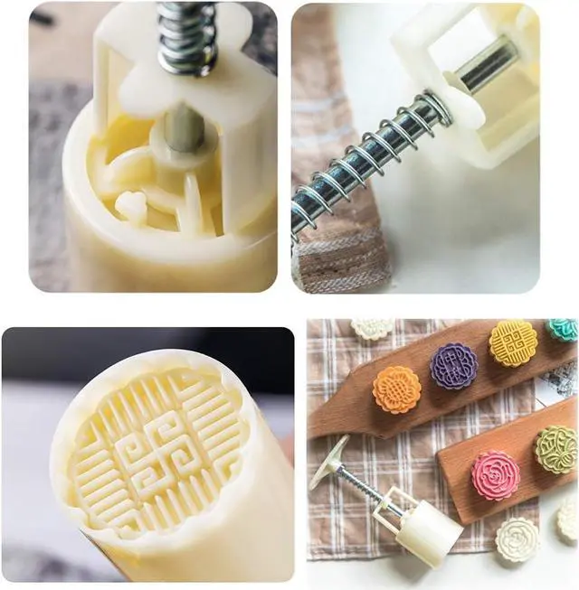 Alt view image 4 of 7 - Moon Cake Mold 6 PCS, Mid Autumn Festival DIY Hand Press Cookie Stamps Pastry Tool Moon Cake Maker, Flower Mode Patterns 1 Mold 6 Stamps 50g (White).