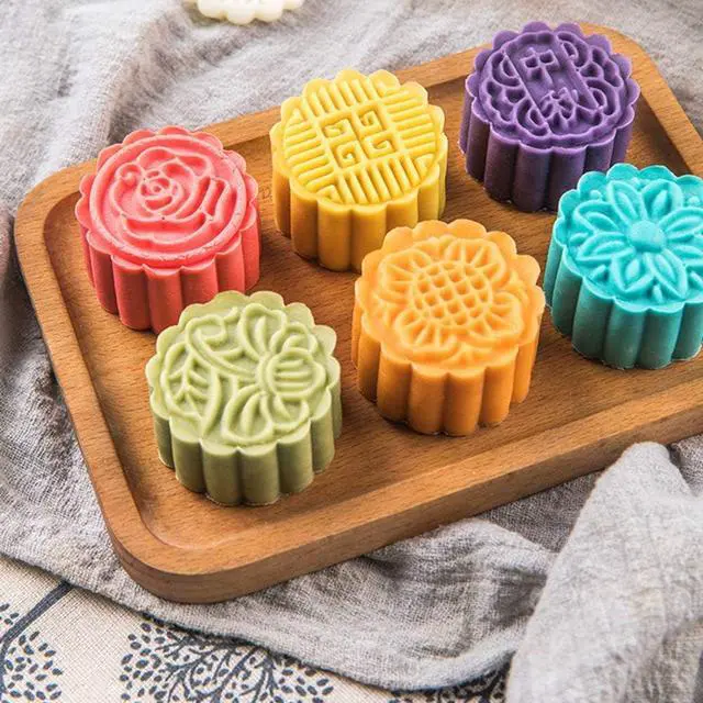 Alt view image 5 of 7 - Moon Cake Mold 6 PCS, Mid Autumn Festival DIY Hand Press Cookie Stamps Pastry Tool Moon Cake Maker, Flower Mode Patterns 1 Mold 6 Stamps 50g (White).