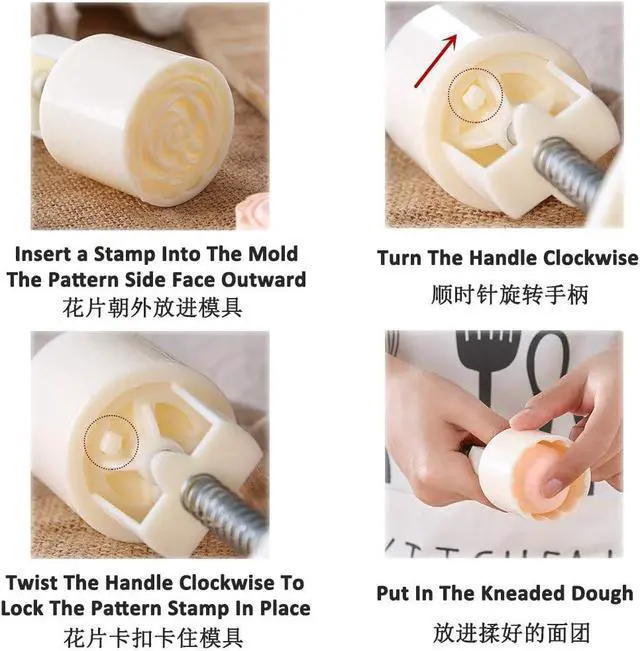 Alt view image 6 of 7 - Moon Cake Mold 6 PCS, Mid Autumn Festival DIY Hand Press Cookie Stamps Pastry Tool Moon Cake Maker, Flower Mode Patterns 1 Mold 6 Stamps 50g (White).