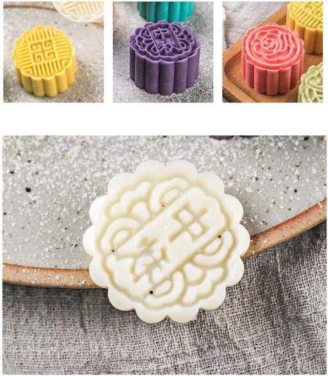 Alt view image 7 of 7 - Moon Cake Mold 6 PCS, Mid Autumn Festival DIY Hand Press Cookie Stamps Pastry Tool Moon Cake Maker, Flower Mode Patterns 1 Mold 6 Stamps 50g (White).