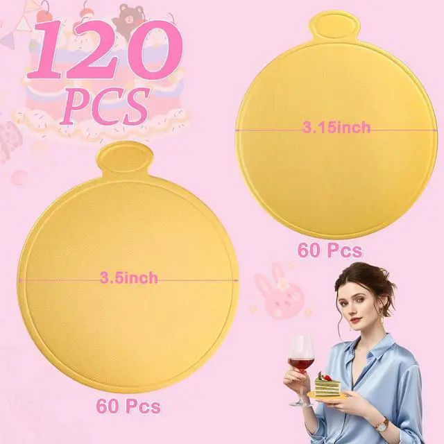 Alt view image 2 of 7 - 120 PCS Mini Cake Boards, Gold Round Mousse Cupcake Base for Dessert, 3.15 inch & 3.5 inch Mini Flan Plates, Disposable Cake Paper Display Tray for Baking Birthday Party Wedding