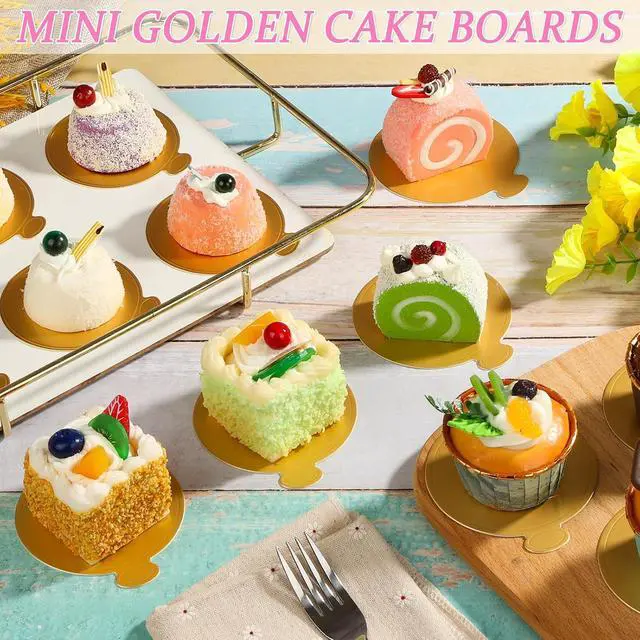 Alt view image 3 of 7 - 120 PCS Mini Cake Boards, Gold Round Mousse Cupcake Base for Dessert, 3.15 inch & 3.5 inch Mini Flan Plates, Disposable Cake Paper Display Tray for Baking Birthday Party Wedding