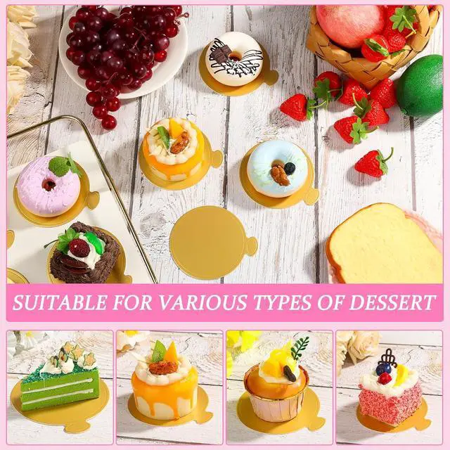 Alt view image 5 of 7 - 120 PCS Mini Cake Boards, Gold Round Mousse Cupcake Base for Dessert, 3.15 inch & 3.5 inch Mini Flan Plates, Disposable Cake Paper Display Tray for Baking Birthday Party Wedding