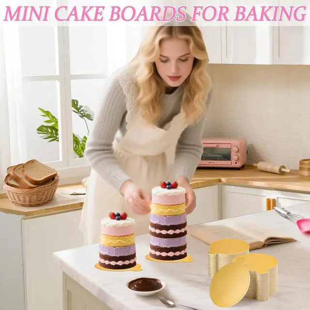 Alt view image 7 of 7 - 120 PCS Mini Cake Boards, Gold Round Mousse Cupcake Base for Dessert, 3.15 inch & 3.5 inch Mini Flan Plates, Disposable Cake Paper Display Tray for Baking Birthday Party Wedding