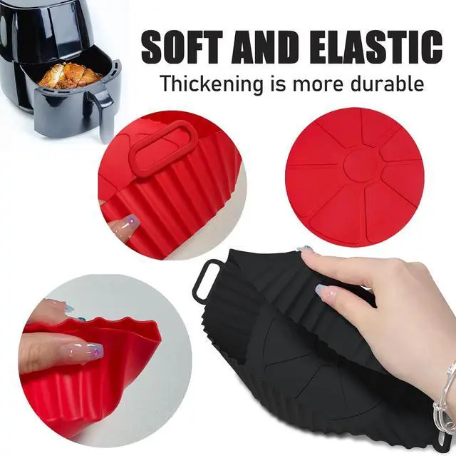 Alt view image 3 of 7 - Air Fryer Silicone Liners Pot,8 inch Air Fryer Basket Liners, Silicone Baking Tray Pots for 3 to 5 Qt for Air fryer Oven Reusable Baking Tray Oven Accessories (Red+Black)