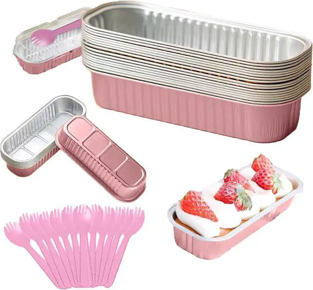 Main image of 12Pack Mini Loaf Pans with Lids and Spoons, 6.8oz Disposable Rectangle Aluminum Foil Oven Cake Container, Baking Bread Muffin Dessert Tins for Family Gatherings and Picnics (Pink)