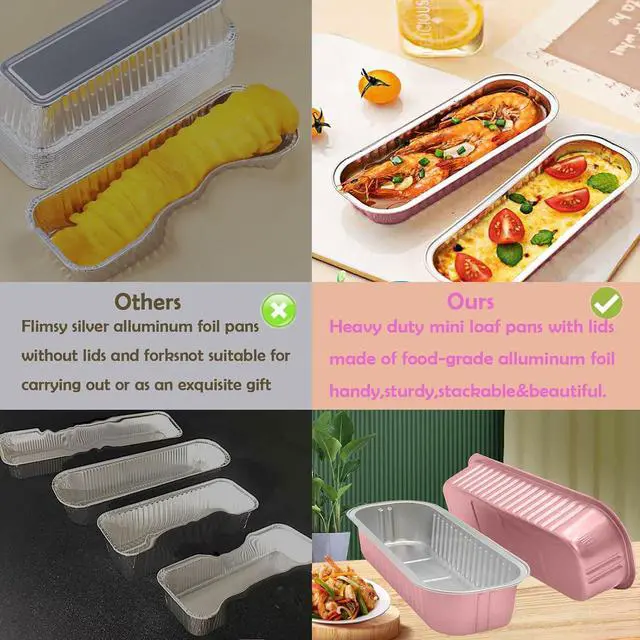 Alt view image 3 of 6 - 12Pack Mini Loaf Pans with Lids and Spoons, 6.8oz Disposable Rectangle Aluminum Foil Oven Cake Container, Baking Bread Muffin Dessert Tins for Family Gatherings and Picnics (Pink)