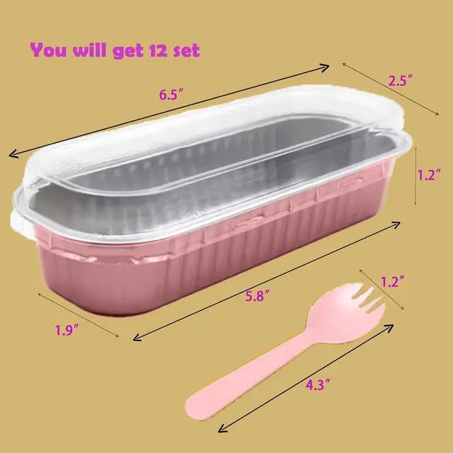 Alt view image 4 of 6 - 12Pack Mini Loaf Pans with Lids and Spoons, 6.8oz Disposable Rectangle Aluminum Foil Oven Cake Container, Baking Bread Muffin Dessert Tins for Family Gatherings and Picnics (Pink)
