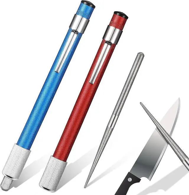 Main image of 2 Pieces Diamond Retractable Knife Sharpener Steel Sharpening Rod for Kitchen Outdoor Serrated Stick Tools (Sky Blue, Red)