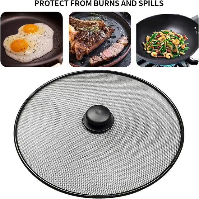 Alt view image 4 of 7 - Splatter Screen, Frying Pan Splatter Screen, Splash Guard Lid with Knob, Extra Fine Mesh Splash Guard Pot Lid,Iron Coating Grease Guard Frying Pan Cover for Cooking(size:29cm)