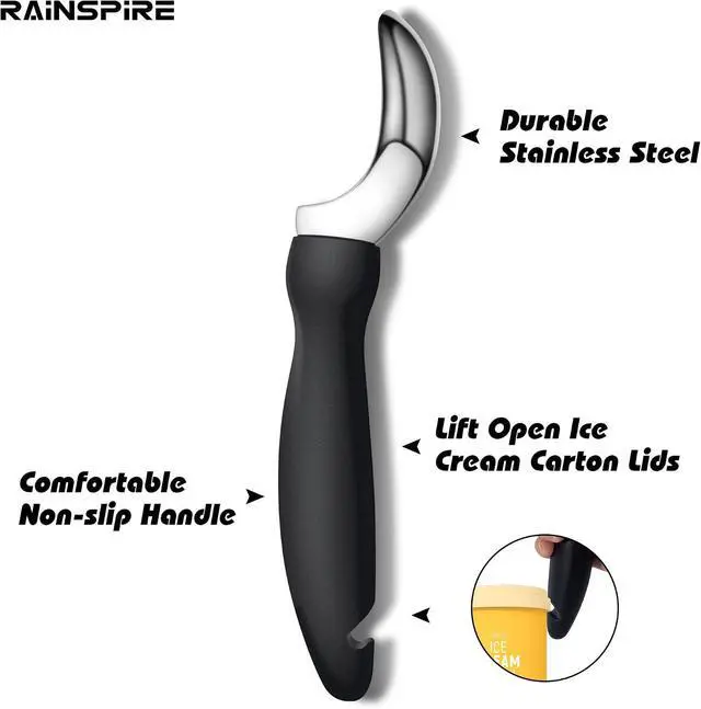 Alt view image 3 of 7 - Rainspire Ice Cream Scoop Stainless Steel with Comfortable Handle, Ice Cream Scooper Heavy Duty, Ice Cream Spade Great for Spooning Frozen Hard Gelato and Sorbet, Cookie Dough, Melon, Black