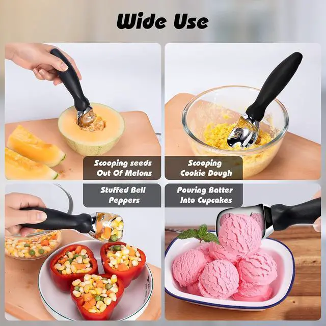 Alt view image 4 of 7 - Rainspire Ice Cream Scoop Stainless Steel with Comfortable Handle, Ice Cream Scooper Heavy Duty, Ice Cream Spade Great for Spooning Frozen Hard Gelato and Sorbet, Cookie Dough, Melon, Black