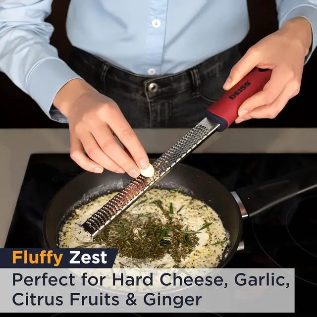 Alt view image 2 of 7 - Deiss PRO Citrus Zester & Cheese Grater - Parmesan Cheese Lemon, Ginger, Garlic, Nutmeg, Chocolate, Vegetables, Fruits - Razor-Sharp Stainless Steel Blade, Wide, Dishwasher Safe
