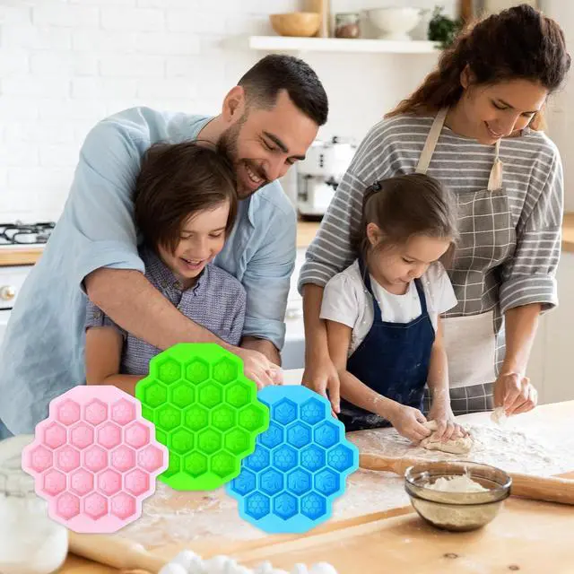 Alt view image 7 of 7 - 3Pcs Honeycomb Bees Silicone Molds, XJMWXHFC 19 Cavities Chocolate Molds, Food Grade Silicone Baking Molds, Non-Stick Cake Mold for Chocolate, Candy, Jelly, Ice Cube, Mini Cakes (Pink, Green, Blue)