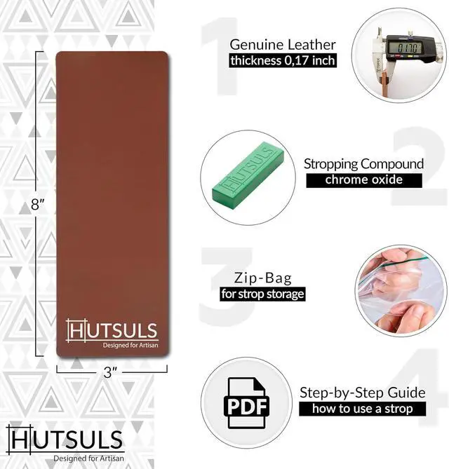 Alt view image 2 of 7 - Hutsuls Brown Leather Strop with Compound - Get Razor-Sharp Edges with Stropping Kit, Green Honing Compound & Vegetable Tanned Two Sided Knife Sharpener Step-by-Step Guide Included