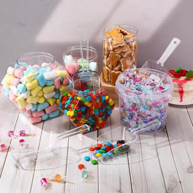 Alt view image 4 of 7 - Hestya 4 Pcs Multi Purpose Clear Plastic Scoops for Candy Buffet Acrylic Kitchen Ice Food Popcorn Scoops for Protein Powders, Ice Cream, Coffee, Tea Jar (7.8 Inch)