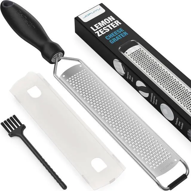 Main image of Lemon Zester & Cheese Grater, Razor Sharp Stainless Steel Blade Zester for Citrus, Parmesan Cheese, Ginger, Garlic, Chocolate, Non Slip Handle, Safety Cover, Dishwasher Safe, Black