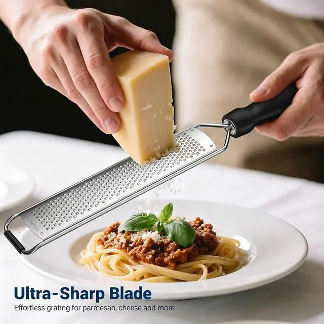 Alt view image 2 of 7 - Lemon Zester & Cheese Grater, Razor Sharp Stainless Steel Blade Zester for Citrus, Parmesan Cheese, Ginger, Garlic, Chocolate, Non Slip Handle, Safety Cover, Dishwasher Safe, Black