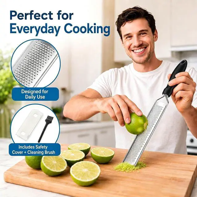 Alt view image 4 of 7 - Lemon Zester & Cheese Grater, Razor Sharp Stainless Steel Blade Zester for Citrus, Parmesan Cheese, Ginger, Garlic, Chocolate, Non Slip Handle, Safety Cover, Dishwasher Safe, Black