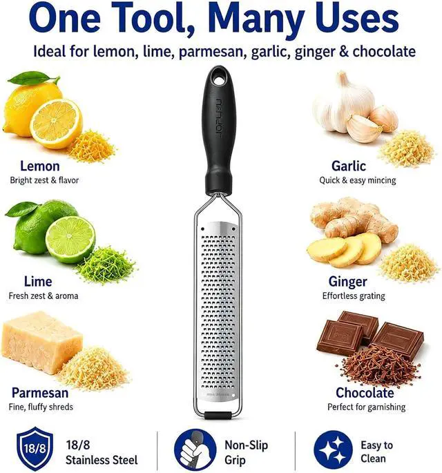 Alt view image 7 of 7 - Lemon Zester & Cheese Grater, Razor Sharp Stainless Steel Blade Zester for Citrus, Parmesan Cheese, Ginger, Garlic, Chocolate, Non Slip Handle, Safety Cover, Dishwasher Safe, Black