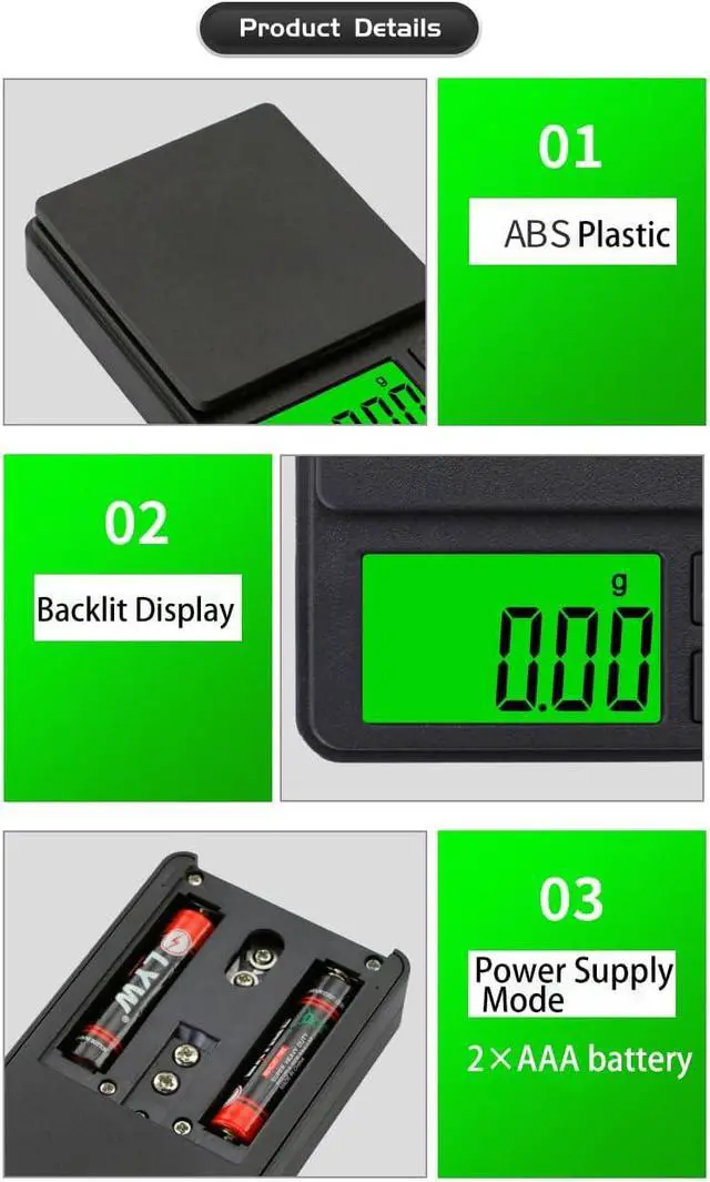 Alt view image 7 of 7 - Digital Pocket Scale 1000g x 0.01g Weigh Gram Scale, Mini Scale, Digital Grams Scale, Food Scale, Jewelry Scale, Kitchen Scale with Backlit LCD, 7 Units Tare, Battery Included, Black