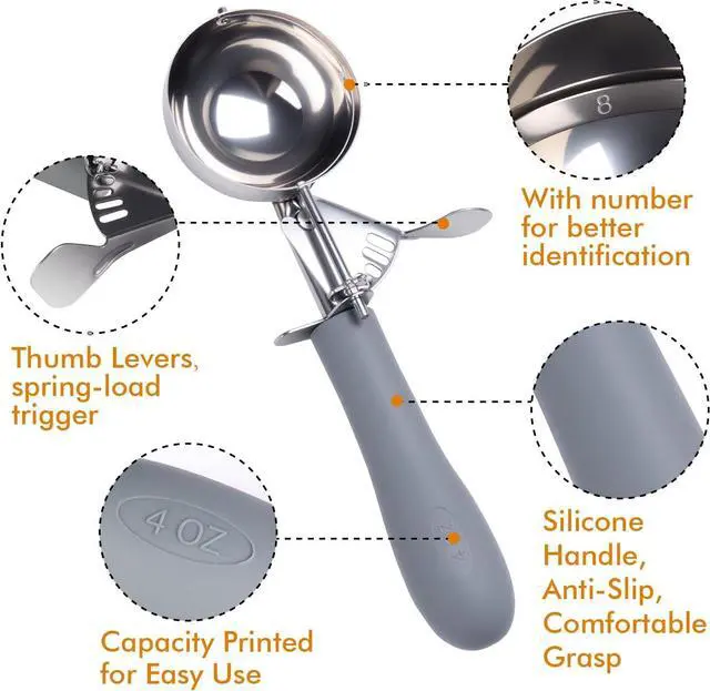 Alt view image 3 of 7 - Fayomir 4 OZ Scoop, #8 Disher, Large Ice Cream Scoop with Trigger, Muffin Scoop, Large Cookie Scoops for Baking, Grey Handle, With Trigger for Portion Control
