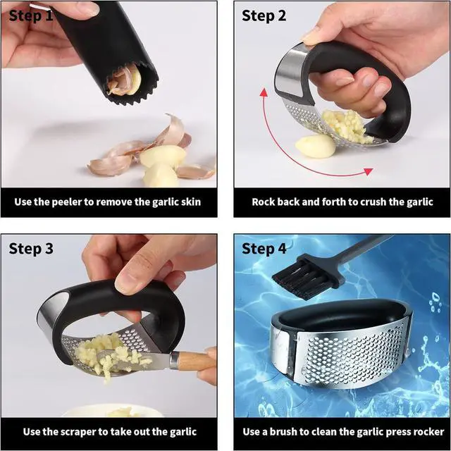 Alt view image 3 of 7 - 2 Pack Garlic Press Rocker, Stainless Steel Garlic Mincer with 2 Peelers, 2 Scrapers and 2 Brushes | Garlic Crusher Garlic Chopper for Smashing Garlic
