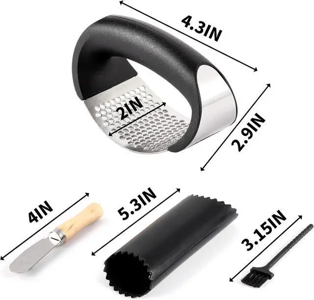 Alt view image 5 of 7 - 2 Pack Garlic Press Rocker, Stainless Steel Garlic Mincer with 2 Peelers, 2 Scrapers and 2 Brushes | Garlic Crusher Garlic Chopper for Smashing Garlic
