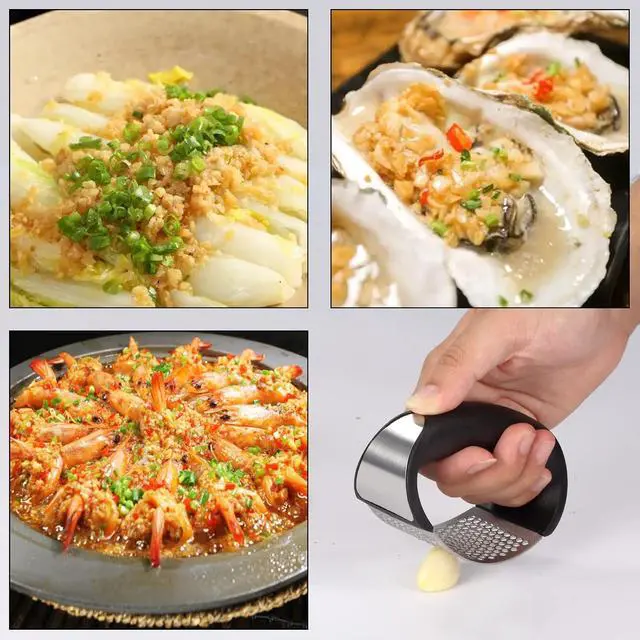 Alt view image 7 of 7 - 2 Pack Garlic Press Rocker, Stainless Steel Garlic Mincer with 2 Peelers, 2 Scrapers and 2 Brushes | Garlic Crusher Garlic Chopper for Smashing Garlic