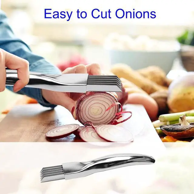 Alt view image 6 of 7 - Stainless Steel Chopped Onion Cutter, Multi-Functional Foods Speedy Chopper Onion Knife Kitchen Tool Slice Cutlery Vegetable Sharp Scallion Shred Cutter