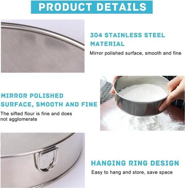 Alt view image 3 of 7 - Flour Sifter Stainless Steel Round Flour Sieve 6 Inch 60 Mesh Fine Mesh Strainers for Baking Cake Bread