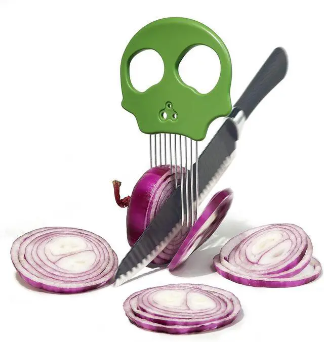 Main image of Stainless Steel Onion Cutter & Egg Slicer Multi-Function Vegetable Cutter and Herb Stripper for Avocados, Tomatoes, and Potatoes (Green)