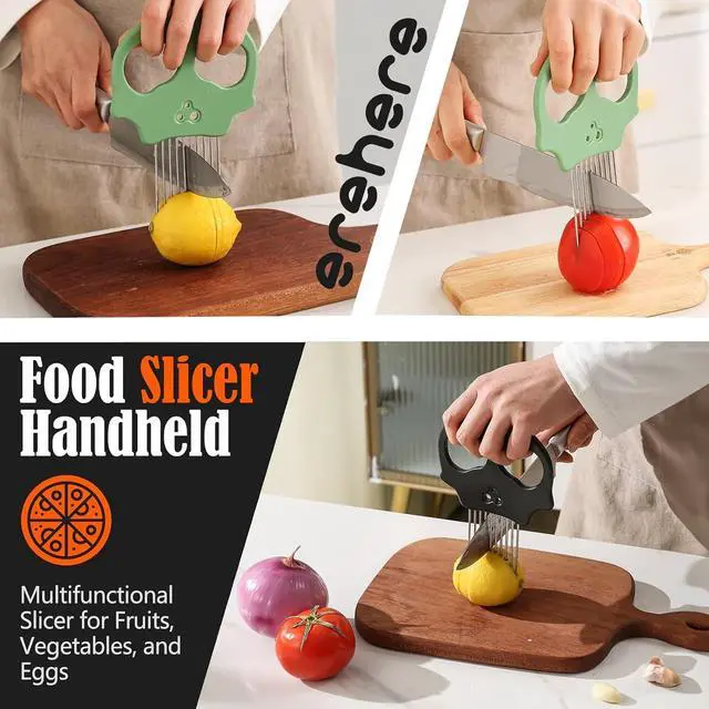 Alt view image 2 of 6 - Stainless Steel Onion Cutter & Egg Slicer Multi-Function Vegetable Cutter and Herb Stripper for Avocados, Tomatoes, and Potatoes (Green)