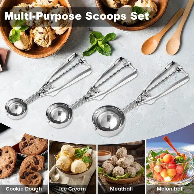 Alt view image 7 of 7 - Cookie Scoop,Set of 3 Cookie Dough Scoops for Baking 1 Tbsp,2 Tbsp,3 Tbsp,Stainless Steel Ice Cream Scooper with Trigger Release for Cupcake,Ice Cream,Muffin,Meatball,Melonball