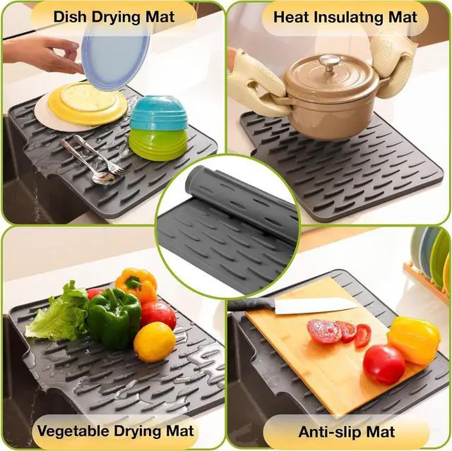 Alt view image 3 of 7 - CHIKILLA Silicone Dish Drying Mat for Kitchen Counter, Fast Drainage Design for Vegetables Fruits, Heat Resistant, Non-Slip , Dishwasher Safe 15.7x13 inch Silk Gray