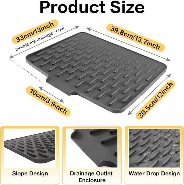 Alt view image 7 of 7 - CHIKILLA Silicone Dish Drying Mat for Kitchen Counter, Fast Drainage Design for Vegetables Fruits, Heat Resistant, Non-Slip , Dishwasher Safe 15.7x13 inch Silk Gray