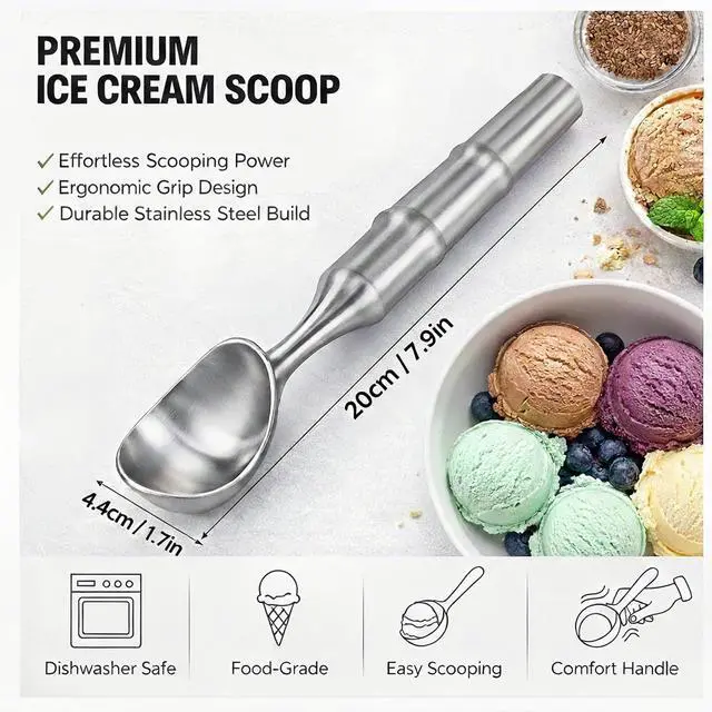 Alt view image 3 of 7 - Stainless Steel Ice Cream Scoop, Heavy Duty Scooper, Silver