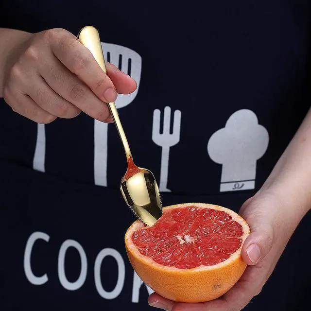 Alt view image 3 of 5 - Gold Grapefruit Spoons 3 Pieces Set, 2 Stainless Steel Grapefruit Spoon And 1 Grapefruit knife With Titanium Plating, Grapefruit Utensil Set, Serrated Edges Spoon pack of 3 (Gold)