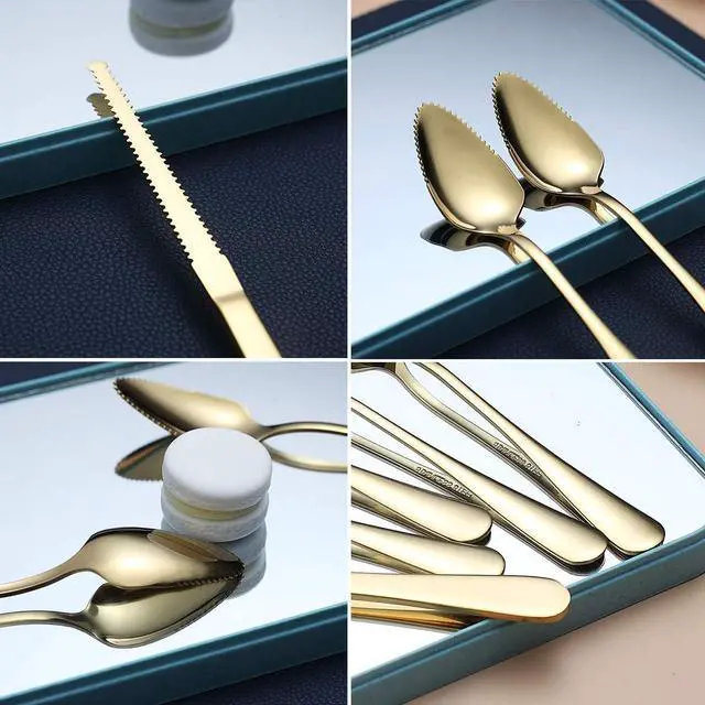 Alt view image 5 of 5 - Gold Grapefruit Spoons 3 Pieces Set, 2 Stainless Steel Grapefruit Spoon And 1 Grapefruit knife With Titanium Plating, Grapefruit Utensil Set, Serrated Edges Spoon pack of 3 (Gold)