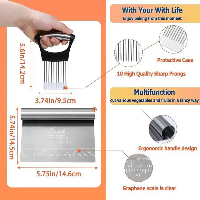 Alt view image 3 of 7 - Bench Scraper Dough Chopper Onion Holder for Slicing Slicer Onion Cutter with Protective Cover and Anti-Slip Handle Stainless Steel Chopper for Potato, Tomato, Avocados, Eggs, Vegetable, Onions