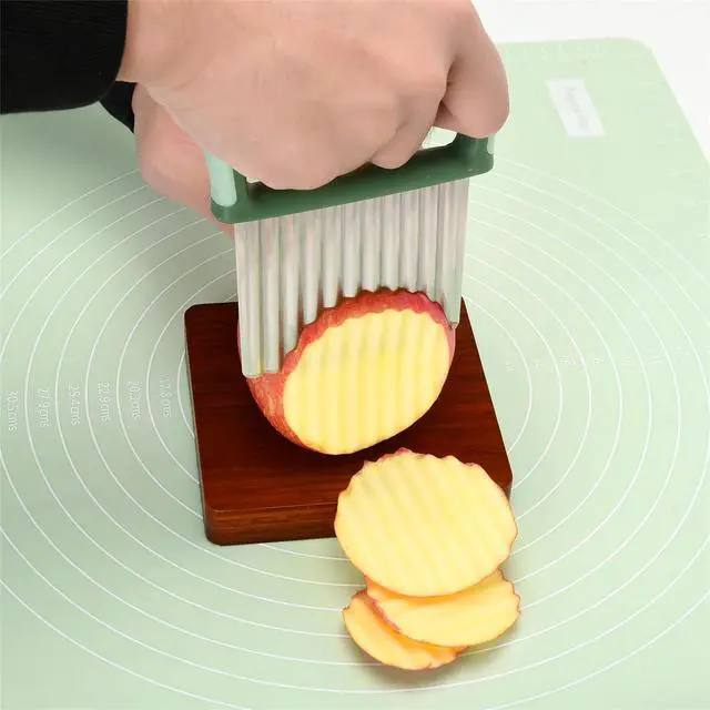 Alt view image 5 of 6 - Vegetable Chopper - Stainless Steel Blade Crinkle Cutter/Wavy Knife Veggies French Fry Slicer and Plastic Dough/Cake Scraper,2 piece (Green)