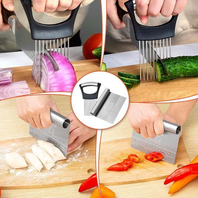 Alt view image 4 of 7 - Bench Scraper Dough Chopper Onion Holder for Slicing Slicer Onion Cutter with Protective Cover and Anti-Slip Handle Stainless Steel Chopper for Potato, Tomato, Avocados, Eggs, Vegetable, Onions